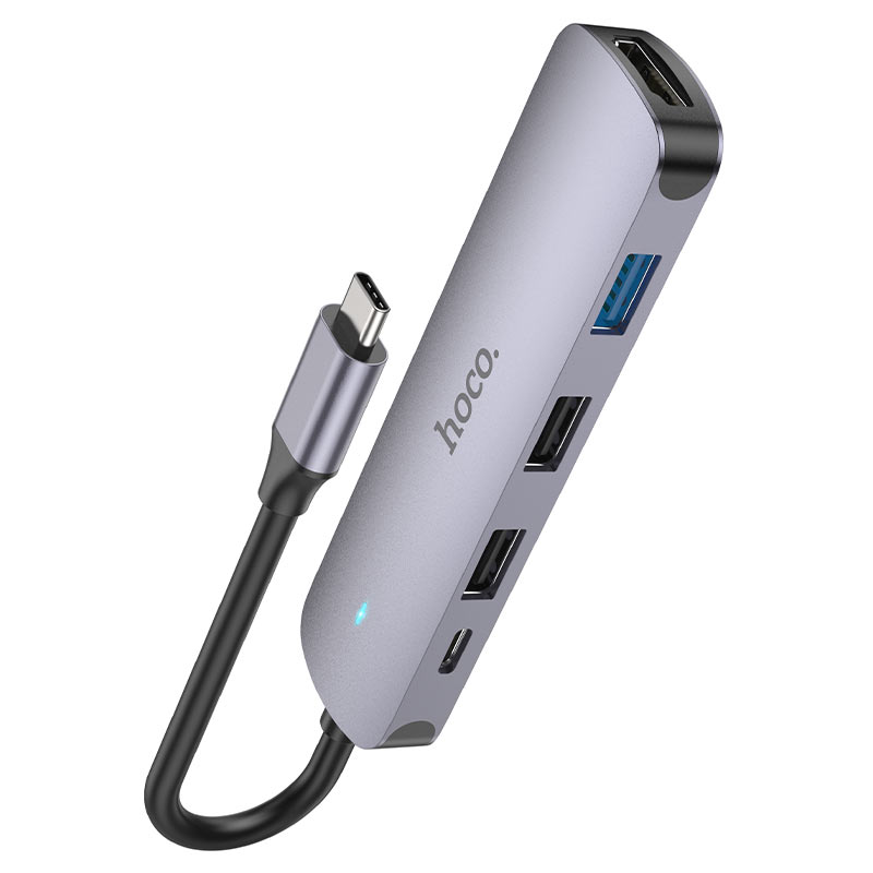 USB-C хъб HOCO HB27, USB-A 3.0 - 2 x USB-A - USB-C - HDMI, Сив