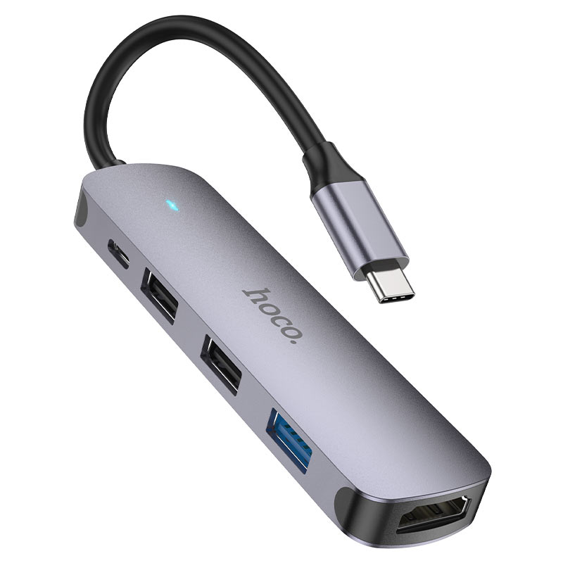 USB-C хъб HOCO HB27, USB-A 3.0 - 2 x USB-A - USB-C - HDMI, Сив