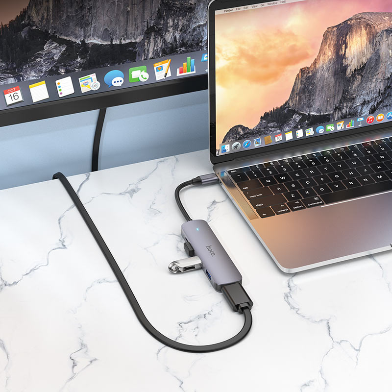 USB-C хъб HOCO HB27, USB-A 3.0 - 2 x USB-A - USB-C - HDMI, Сив