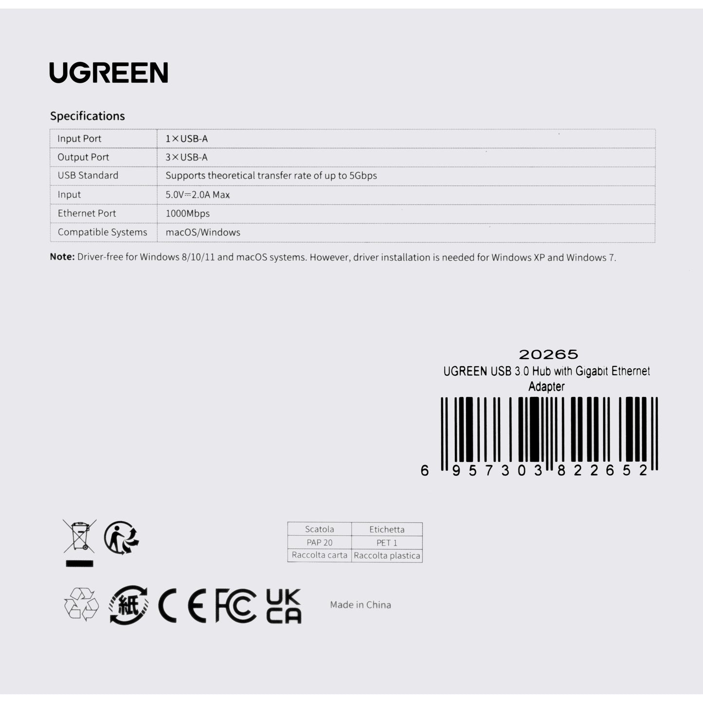 USB хъб UGREEN 20265, 3 x USB-A 3.0 - 1 x RJ45, Черен