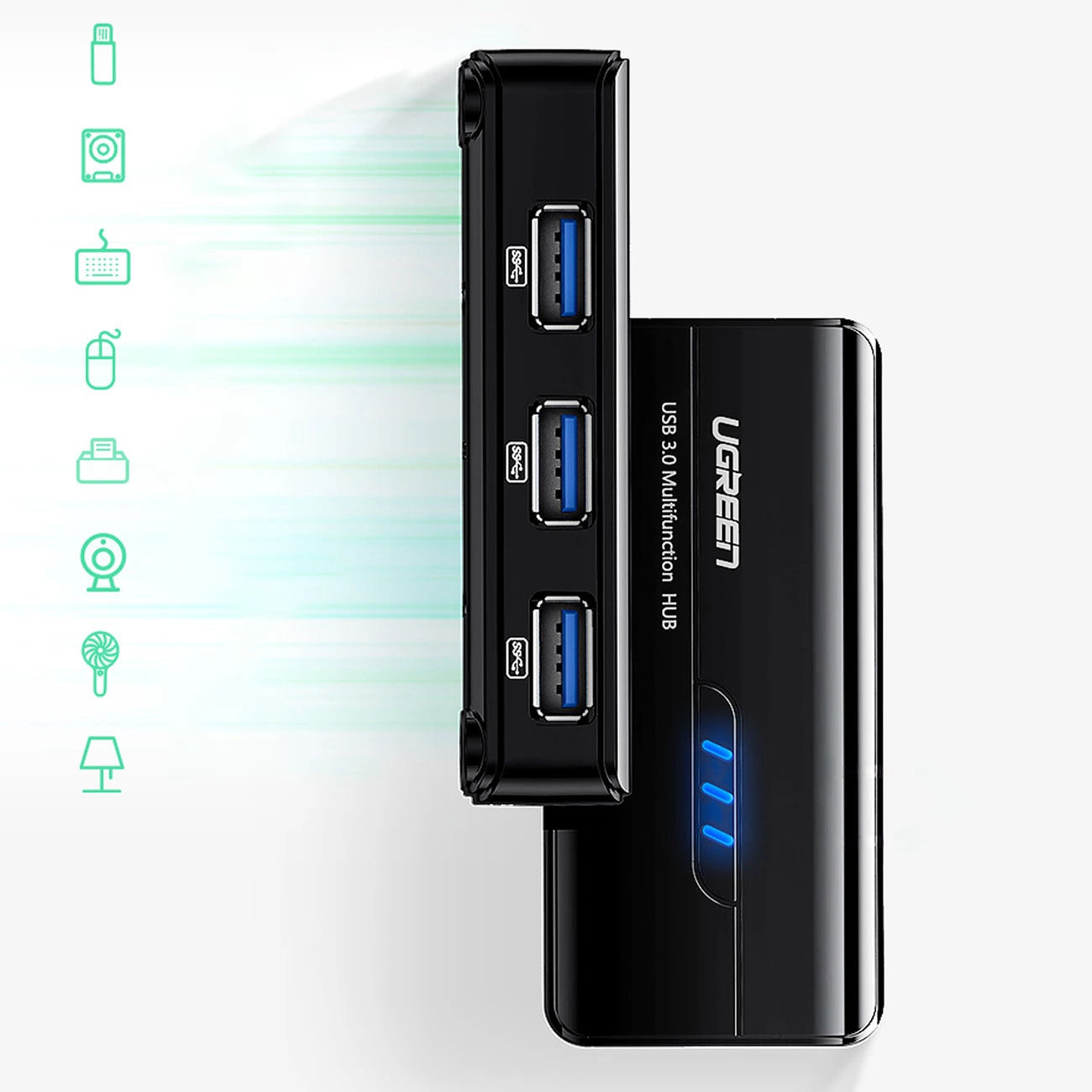 USB хъб UGREEN 20265, 3 x USB-A 3.0 - 1 x RJ45, Черен
