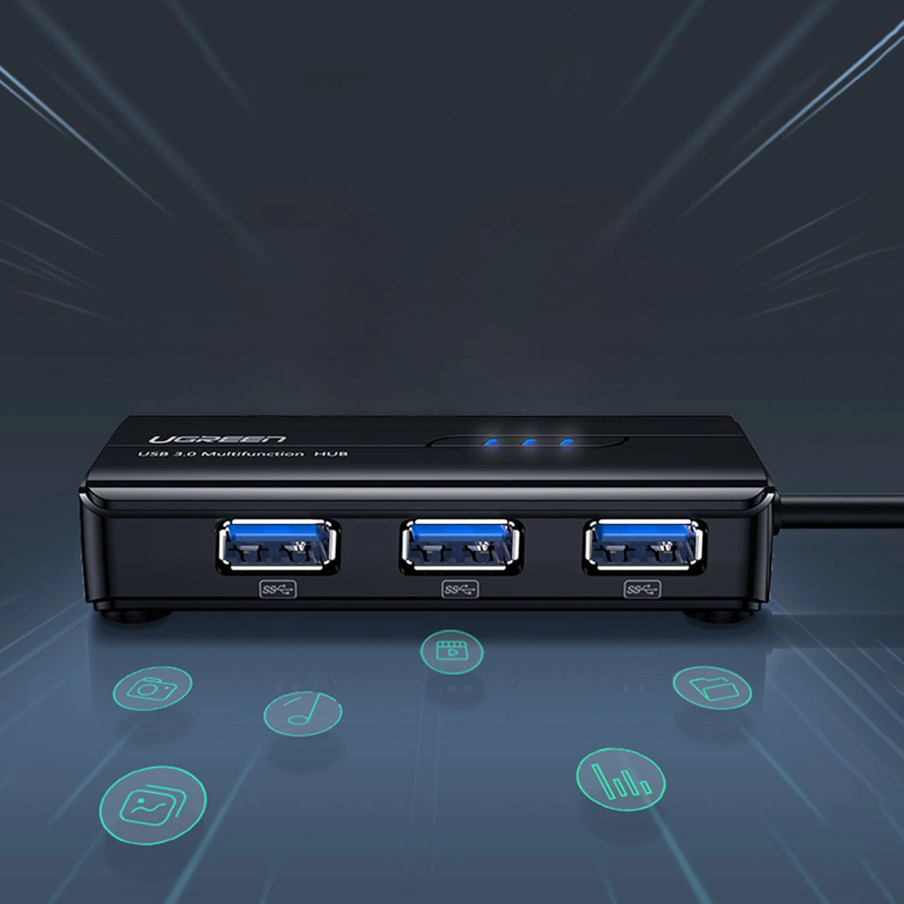 USB хъб UGREEN 20265, 3 x USB-A 3.0 - 1 x RJ45, Черен