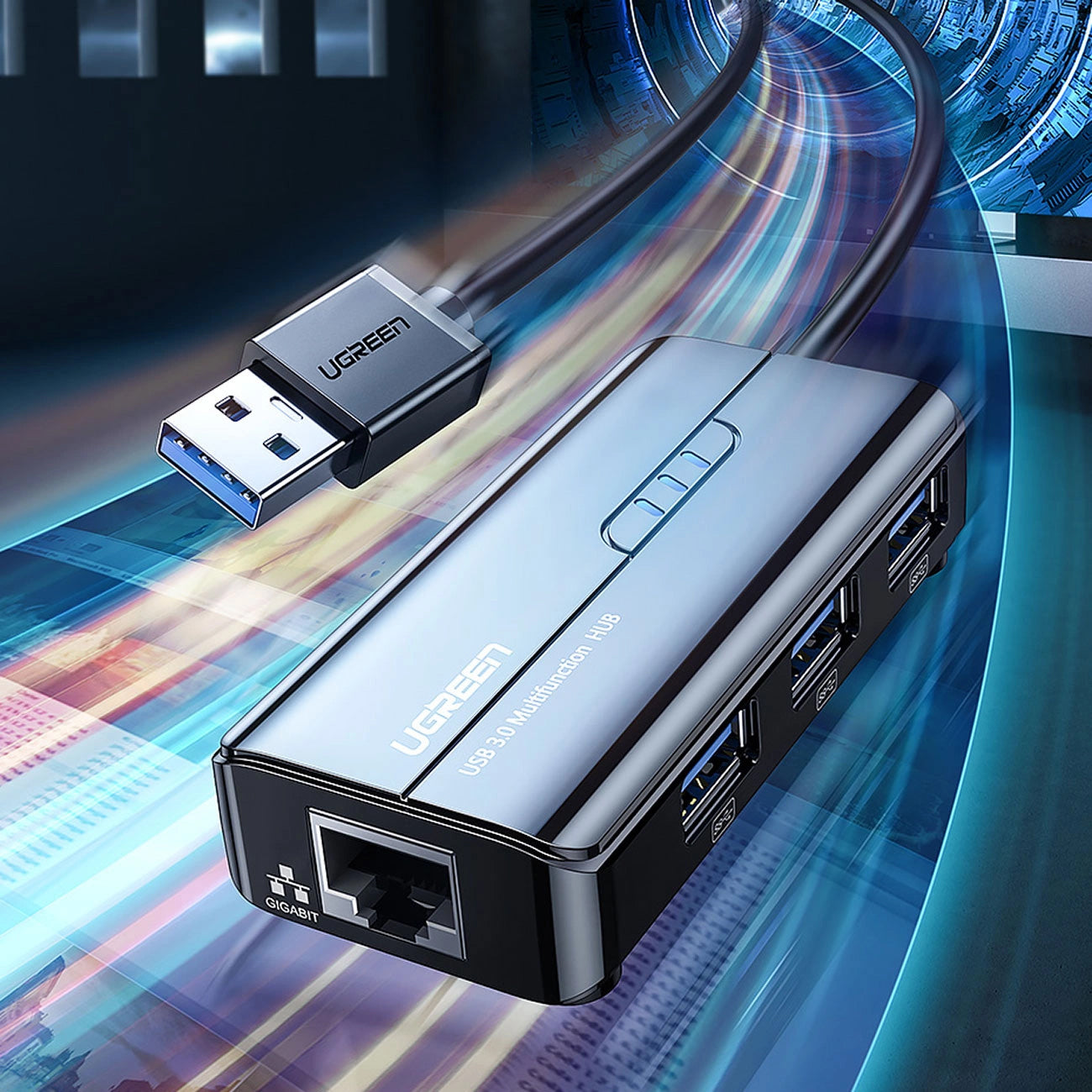 USB хъб UGREEN 20265, 3 x USB-A 3.0 - 1 x RJ45, Черен