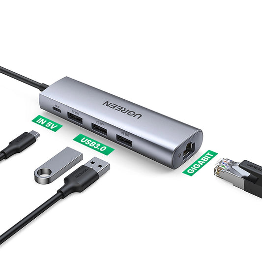USB концентратор UGREEN CM266, 3 x USB-A 3.0 - 1 x RJ45, сив