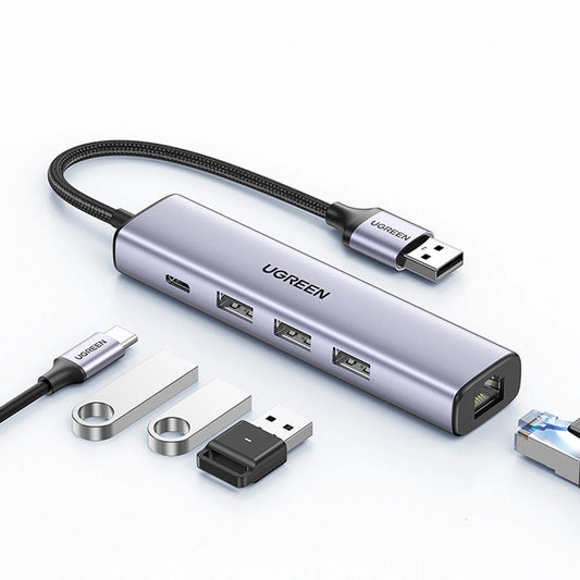 Hub USB UGREEN CM475, 3 x USB-A 3.0 - 1 x USB-C - 1 x RJ45, Сив