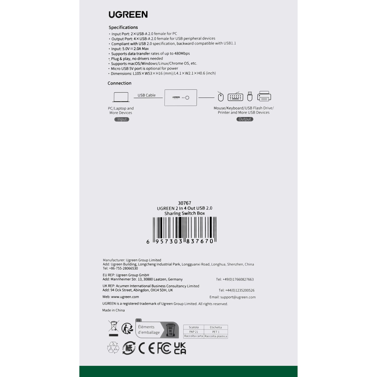 USB превключвател UGREEN US216 (30767) Two Sharing Box, 4 x USB-A, Черен