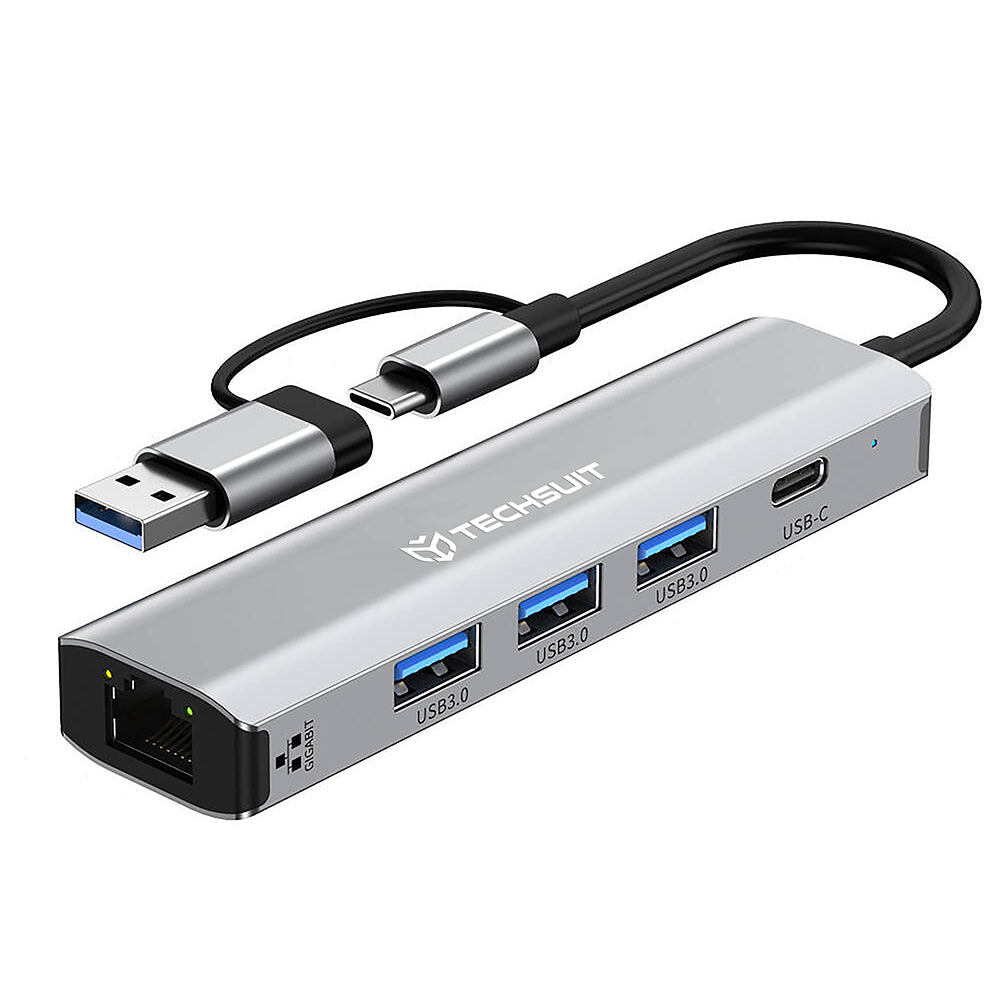 USB / USB-C хъб Techsuit H3 BoostNetLink, 5в1, Сив
