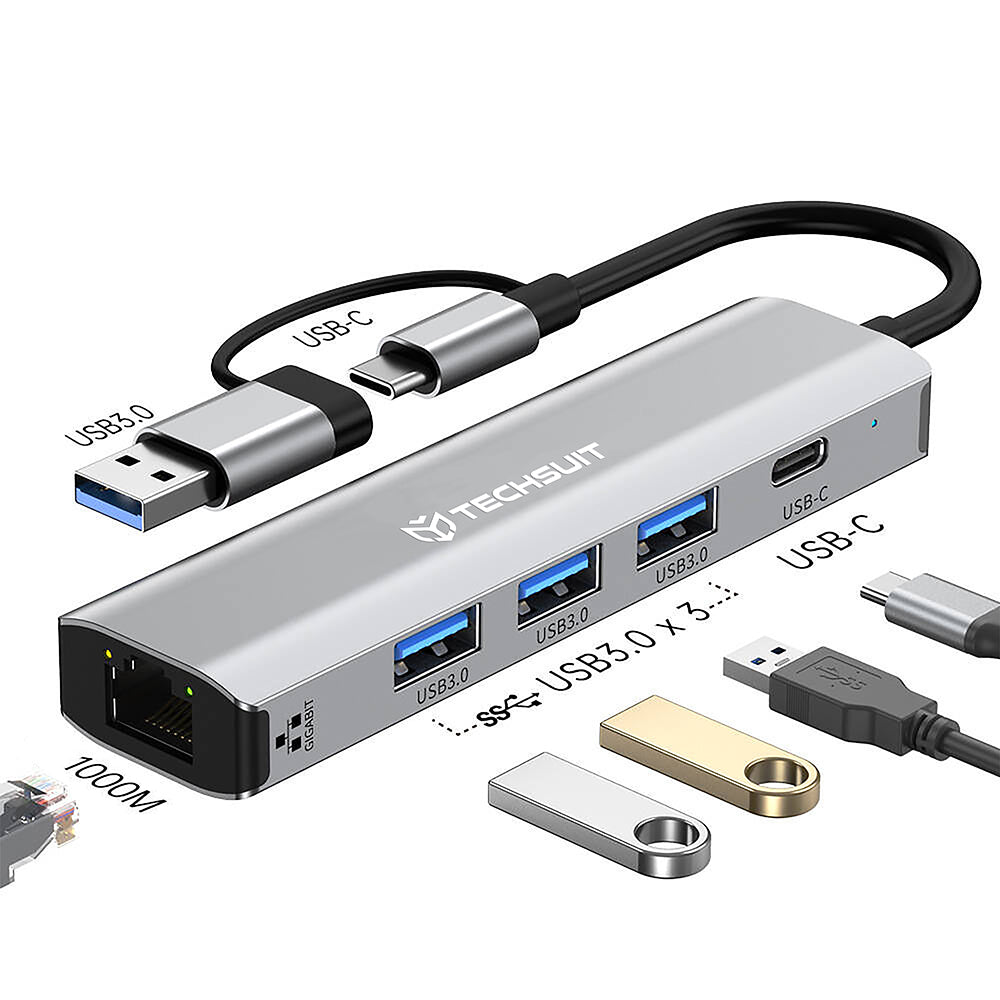 USB / USB-C хъб Techsuit H3 BoostNetLink, 5в1, Сив