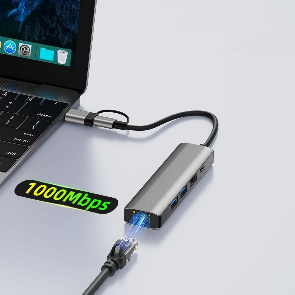 USB / USB-C хъб Techsuit H3 BoostNetLink, 5в1, Сив
