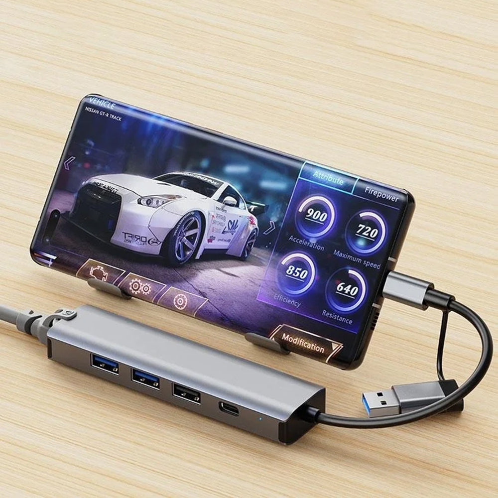 USB / USB-C хъб Techsuit H3 BoostNetLink, 5в1, Сив