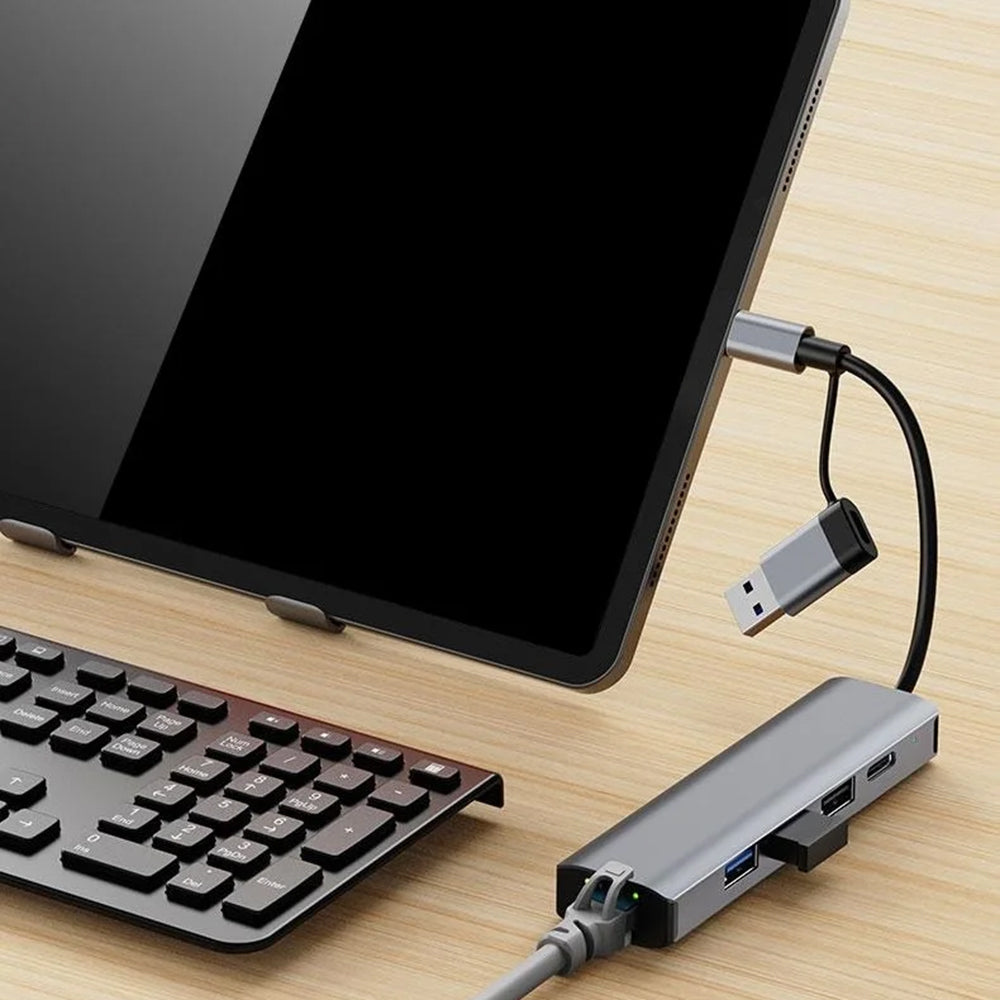 USB / USB-C хъб Techsuit H3 BoostNetLink, 5в1, Сив