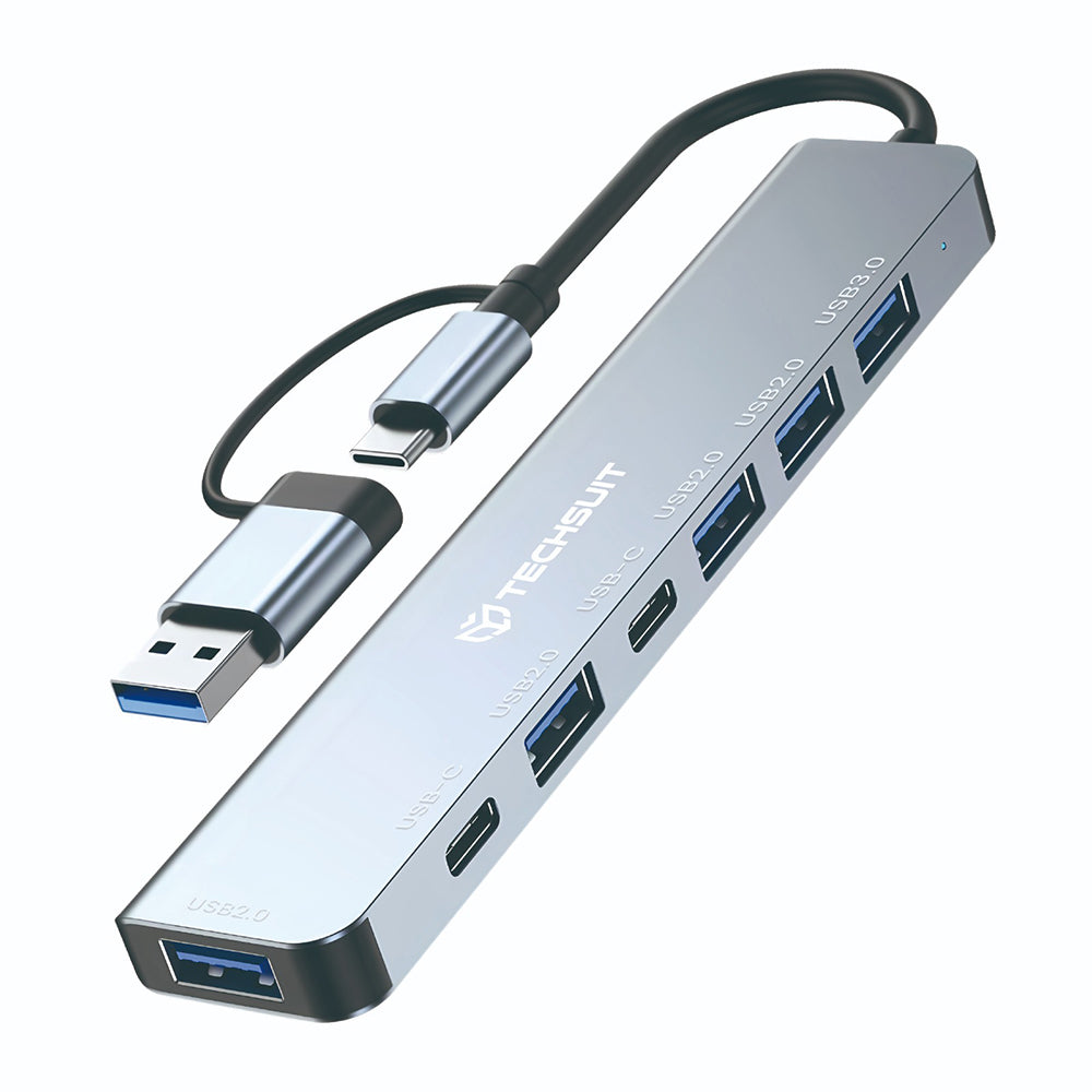 Hub USB / USB-C Techsuit H6 DataBridge, 7в1, Сив