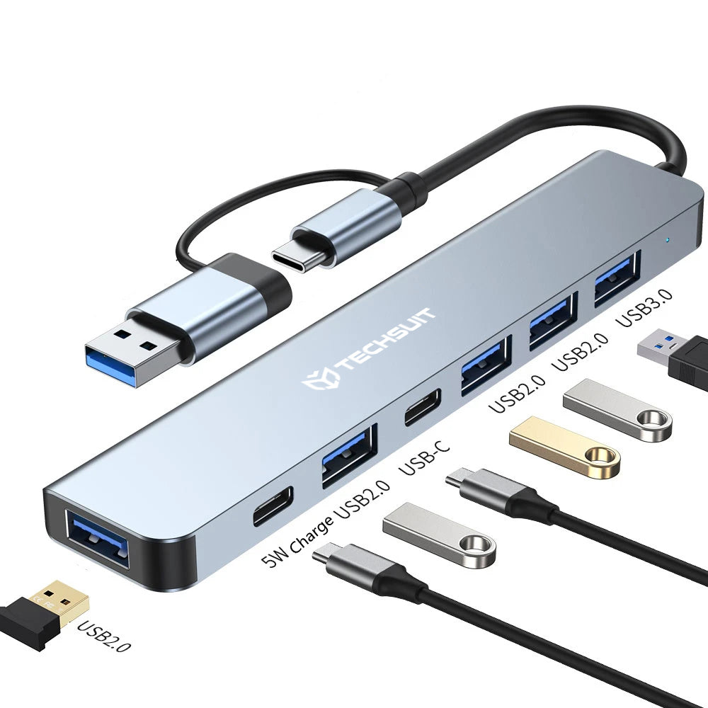 Hub USB / USB-C Techsuit H6 DataBridge, 7в1, Сив