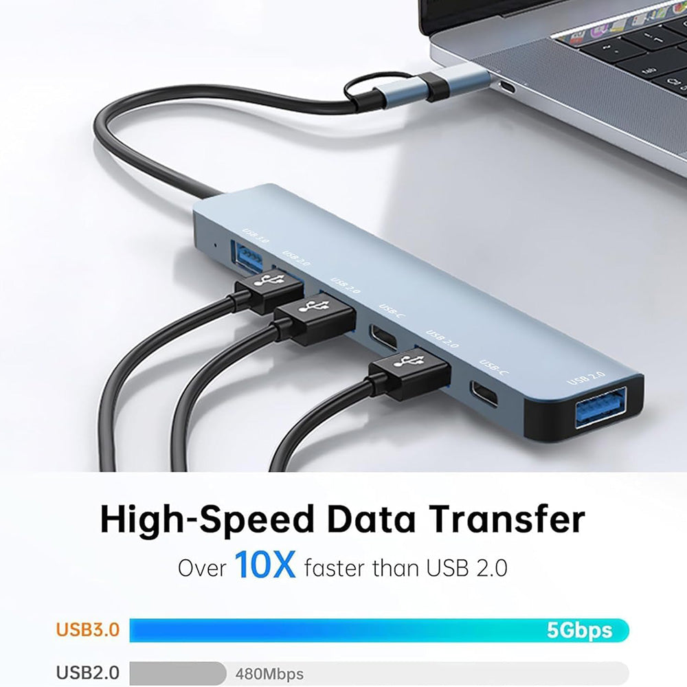 Hub USB / USB-C Techsuit H6 DataBridge, 7в1, Сив