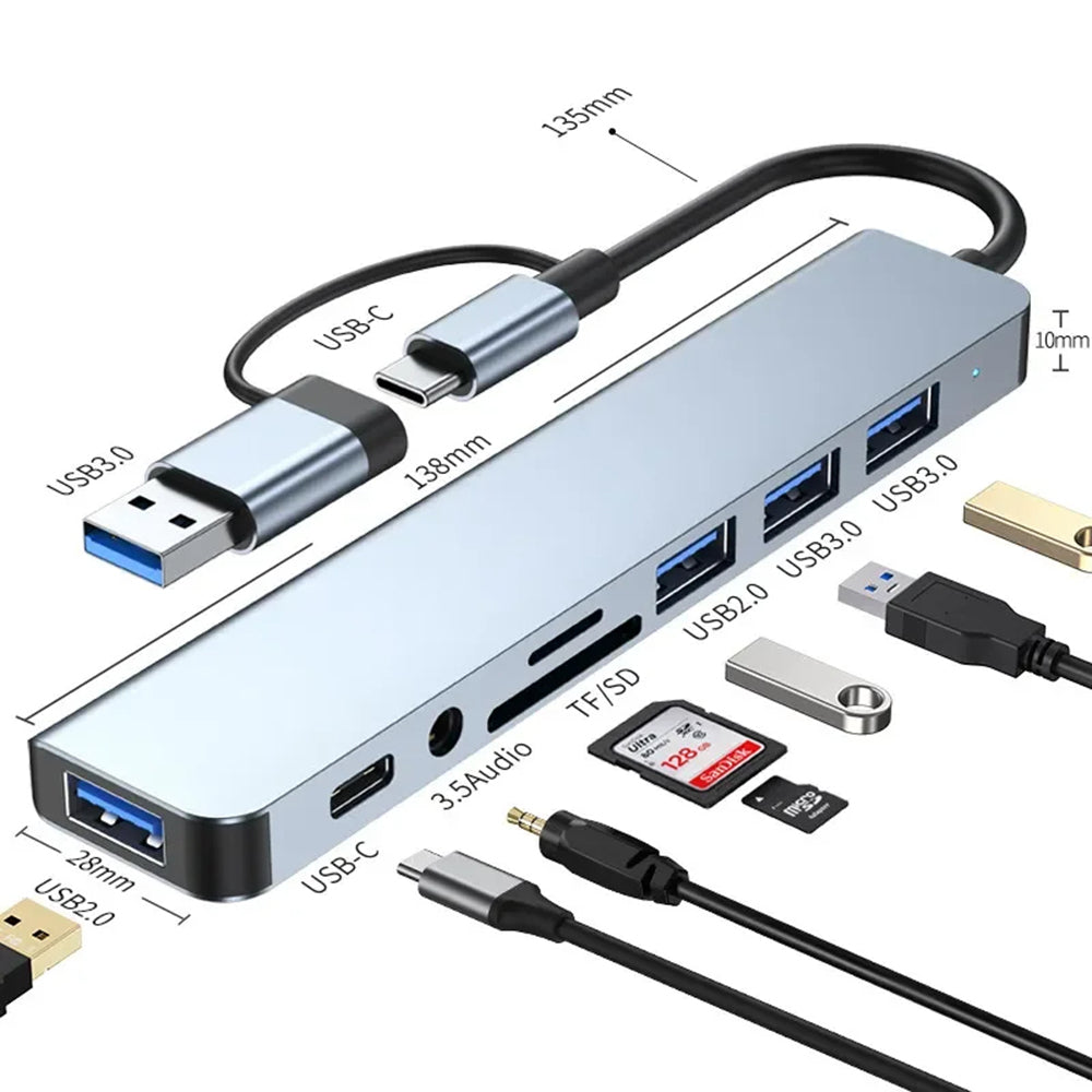 Hub USB / USB-C Techsuit H9 DataBridge, 8в1, Сив
