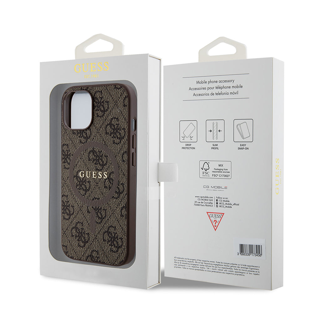 Калъф MagSafe за Apple iPhone 15 Plus, Guess, 4G Colored Ring, Кафяв GUHMP15MG4GFRW