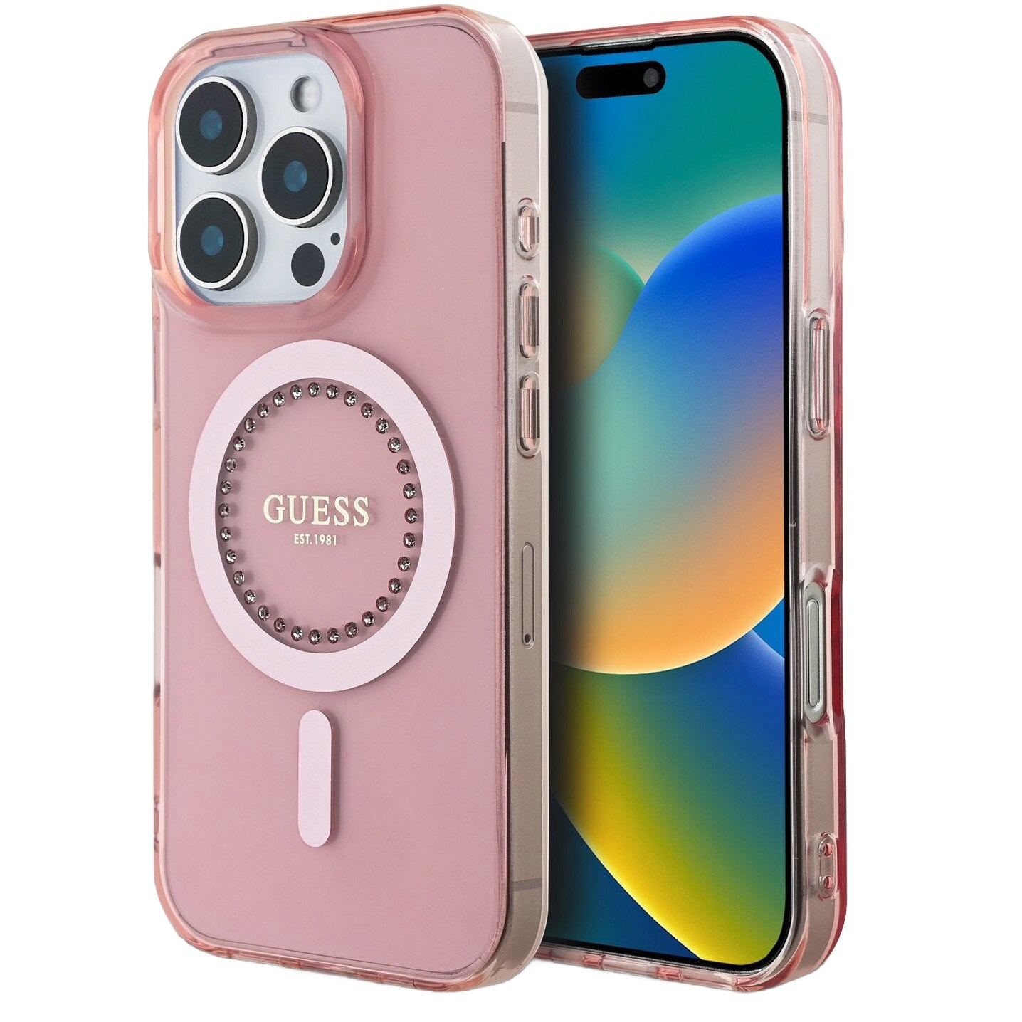 Калъф MagSafe за Apple iPhone 16 Pro Max, Guess, IML Rhinestones Ring, Розов GUHMP16XPFTDTEP