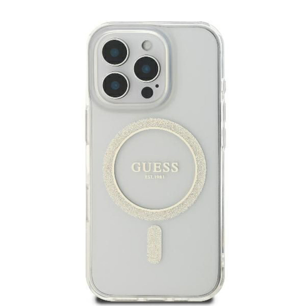 Калъф MagSafe за Apple iPhone 16 Pro, Guess, IML Glitter Ring, Прозрачен GUHMP16LHFGERET