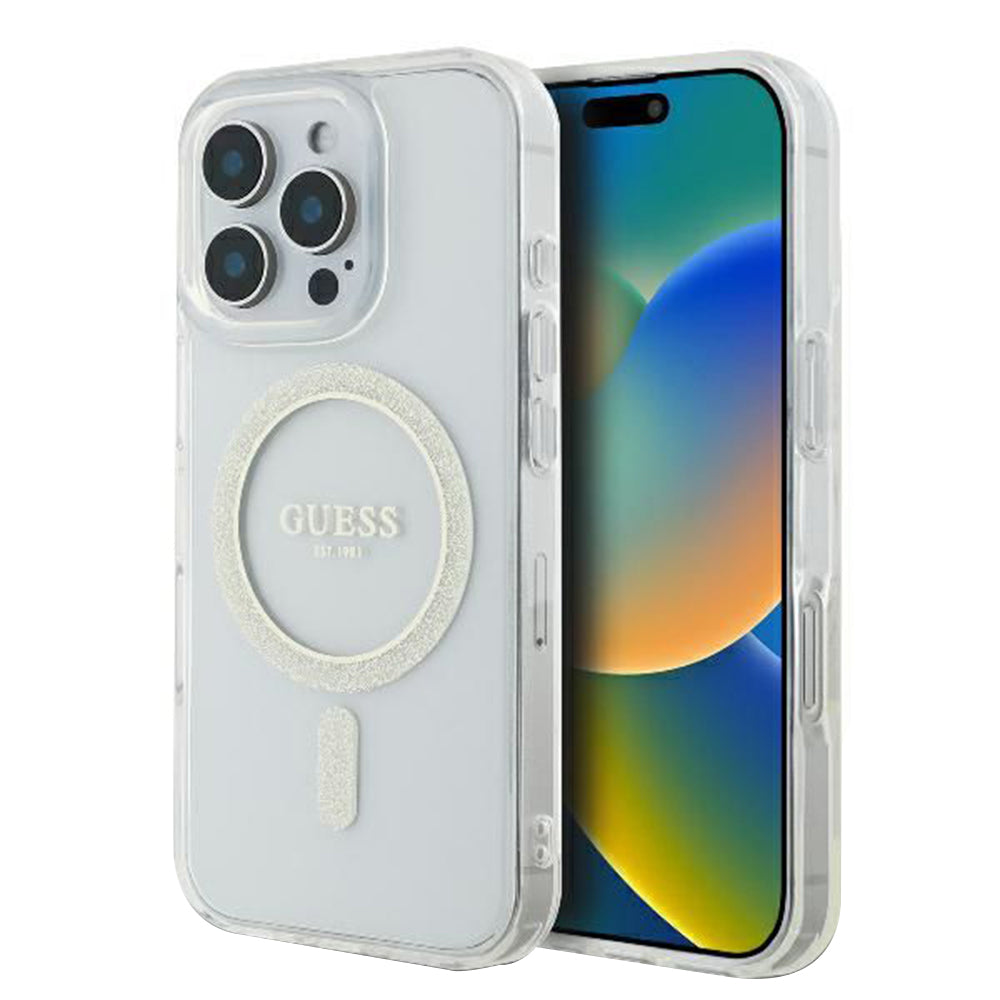 Калъф MagSafe за Apple iPhone 16 Pro, Guess, IML Glitter Ring, Прозрачен GUHMP16LHFGERET