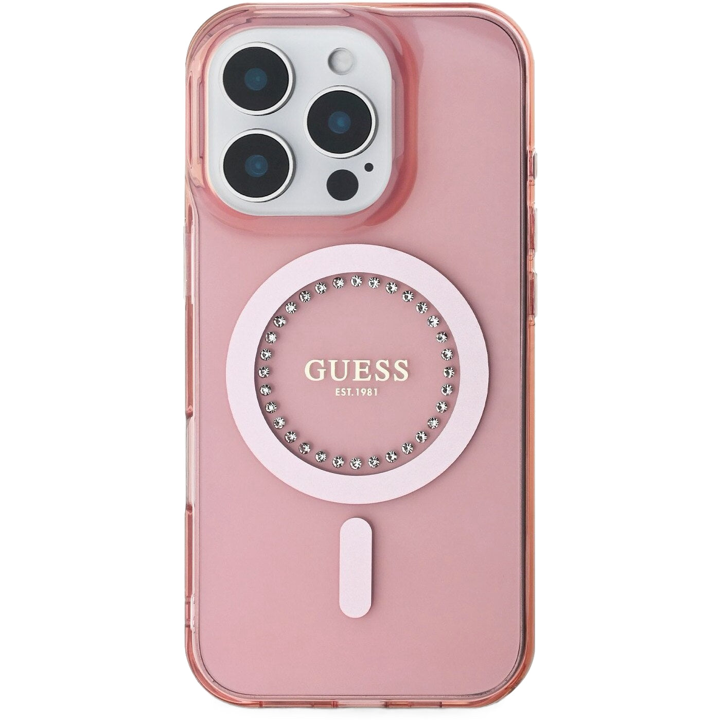 Калъф MagSafe за Apple iPhone 16 Pro Max, Guess, IML Rhinestones Ring, Розов GUHMP16XPFTDTEP
