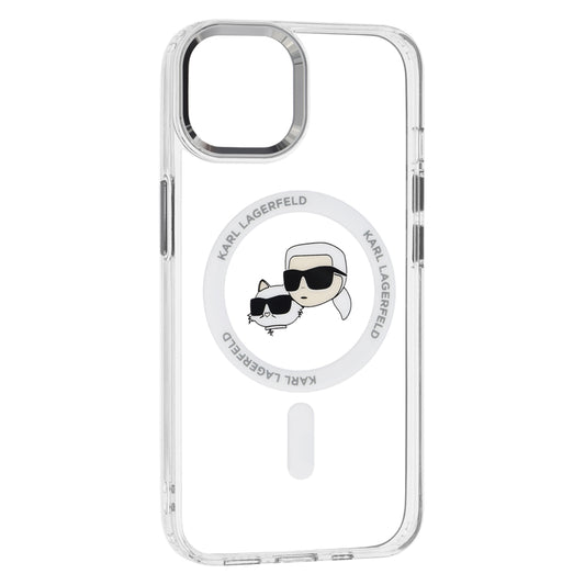 Калъф MagSafe за Apple iPhone 14, Karl Lagerfeld, IML Metal Karl & Choupette's Heads, Бял