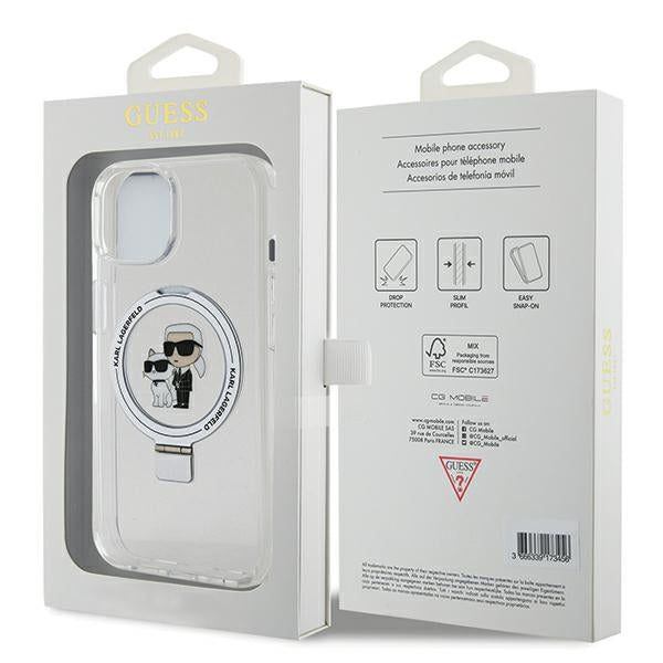 Калъф MagSafe за Apple iPhone 14, Karl Lagerfeld, Ring Stand Karl & Choupette, Бял