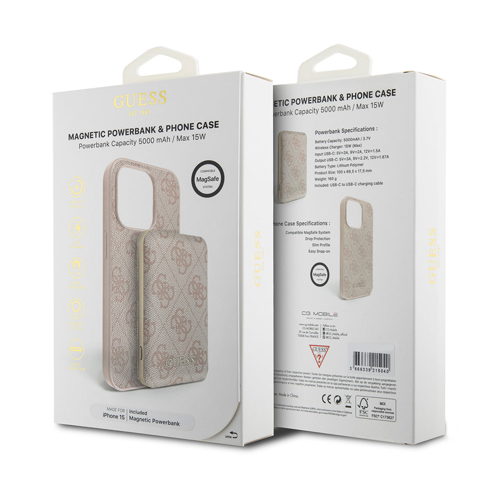 Калъф MagSafe за Apple iPhone 15, Guess, Powerbank 4G Metal Logo, Розов