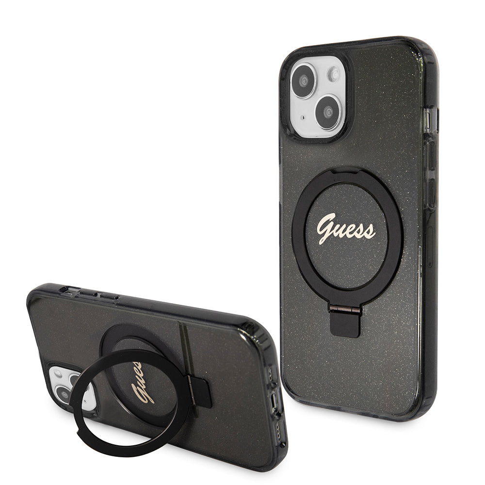 Калъф MagSafe за Apple iPhone 15, Guess, Ring Stand Script Glitter, Черен