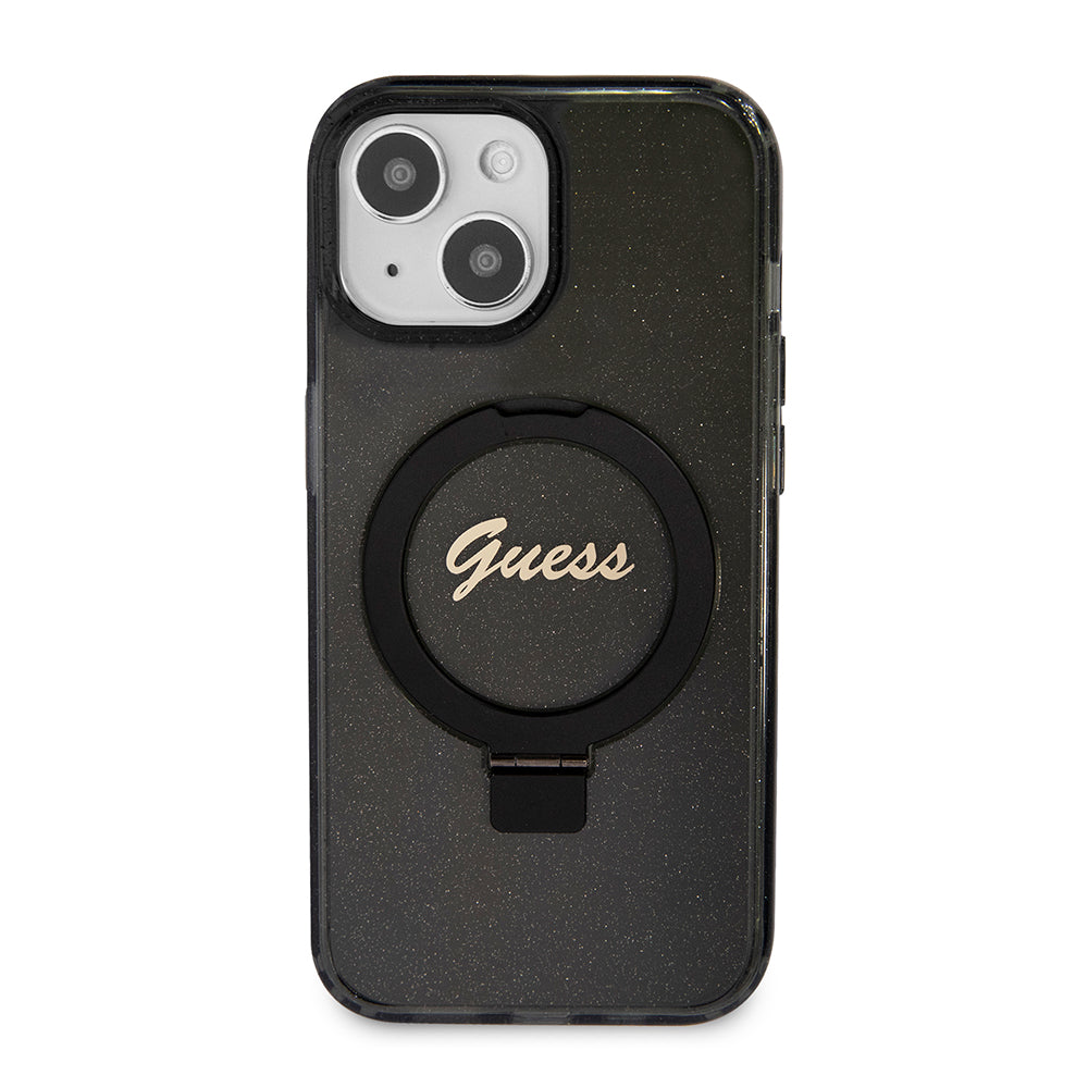 Калъф MagSafe за Apple iPhone 15, Guess, Ring Stand Script Glitter, Черен