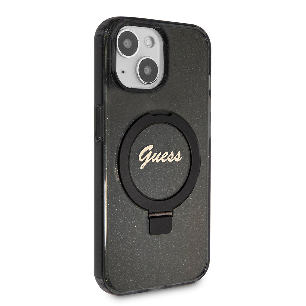 Калъф MagSafe за Apple iPhone 15, Guess, Ring Stand Script Glitter, Черен