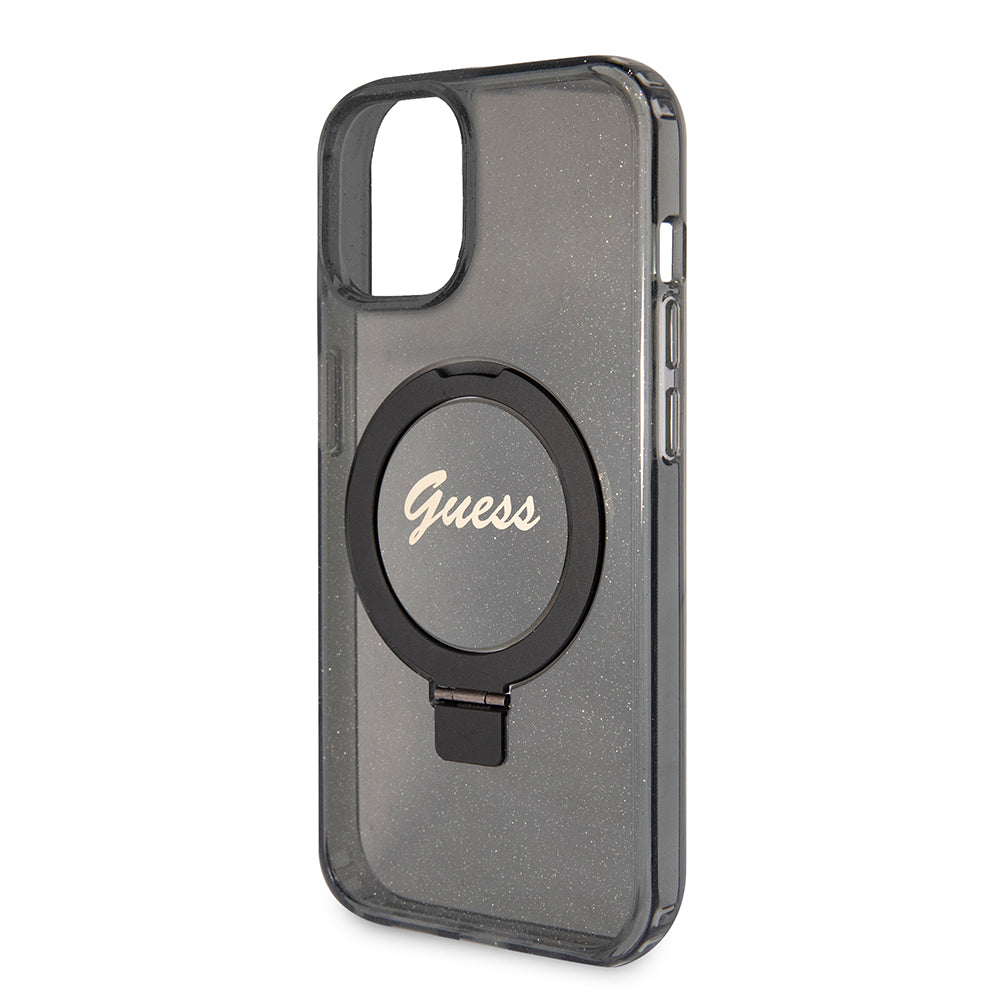 Калъф MagSafe за Apple iPhone 15, Guess, Ring Stand Script Glitter, Черен