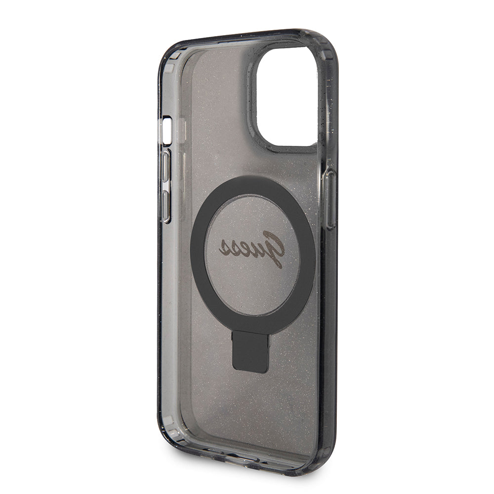Калъф MagSafe за Apple iPhone 15, Guess, Ring Stand Script Glitter, Черен