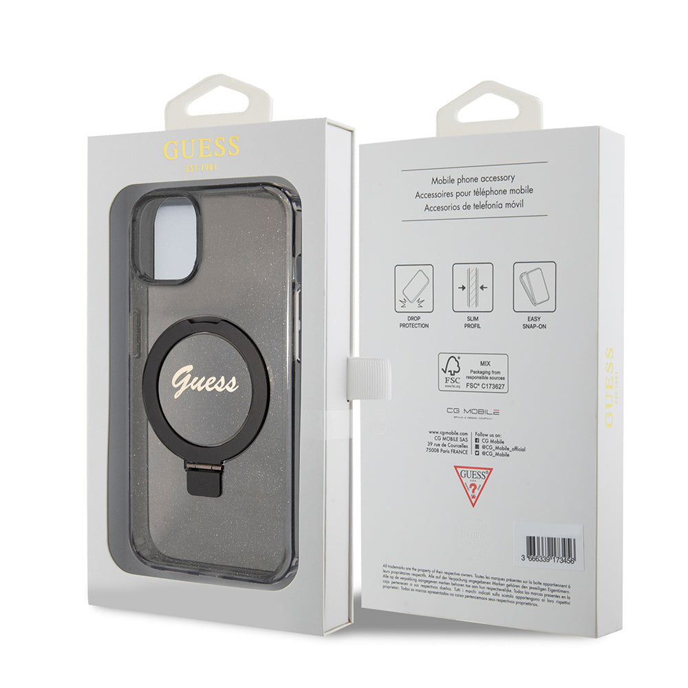 Калъф MagSafe за Apple iPhone 15, Guess, Ring Stand Script Glitter, Черен