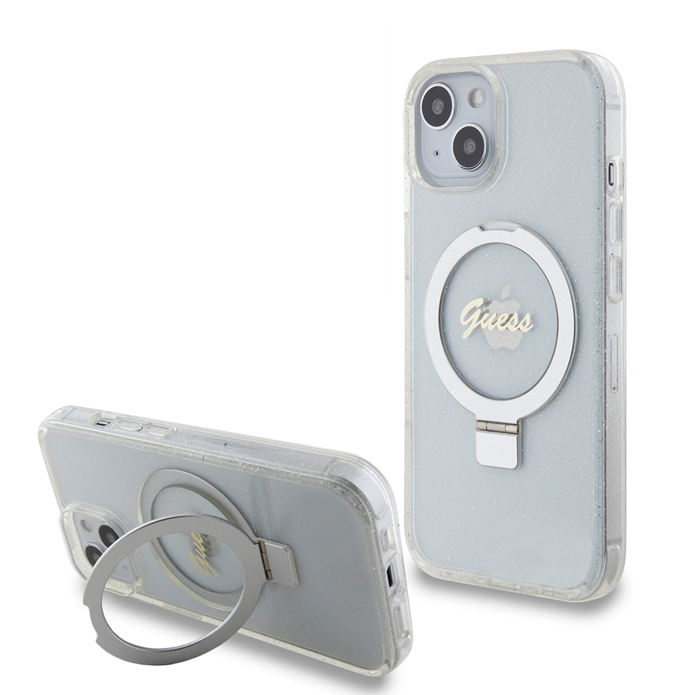 Калъф MagSafe за Apple iPhone 15, Guess, Ring Stand Script Glitter, Прозрачен