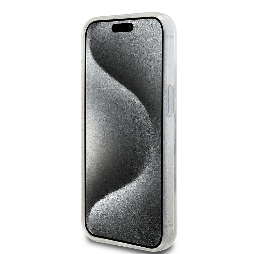 Калъф MagSafe за Apple iPhone 15, Guess, Ring Stand Script Glitter, Прозрачен