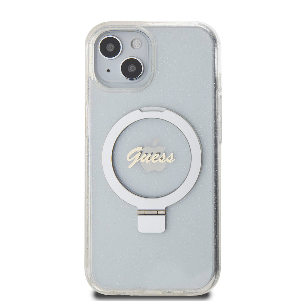 Калъф MagSafe за Apple iPhone 15, Guess, Ring Stand Script Glitter, Прозрачен