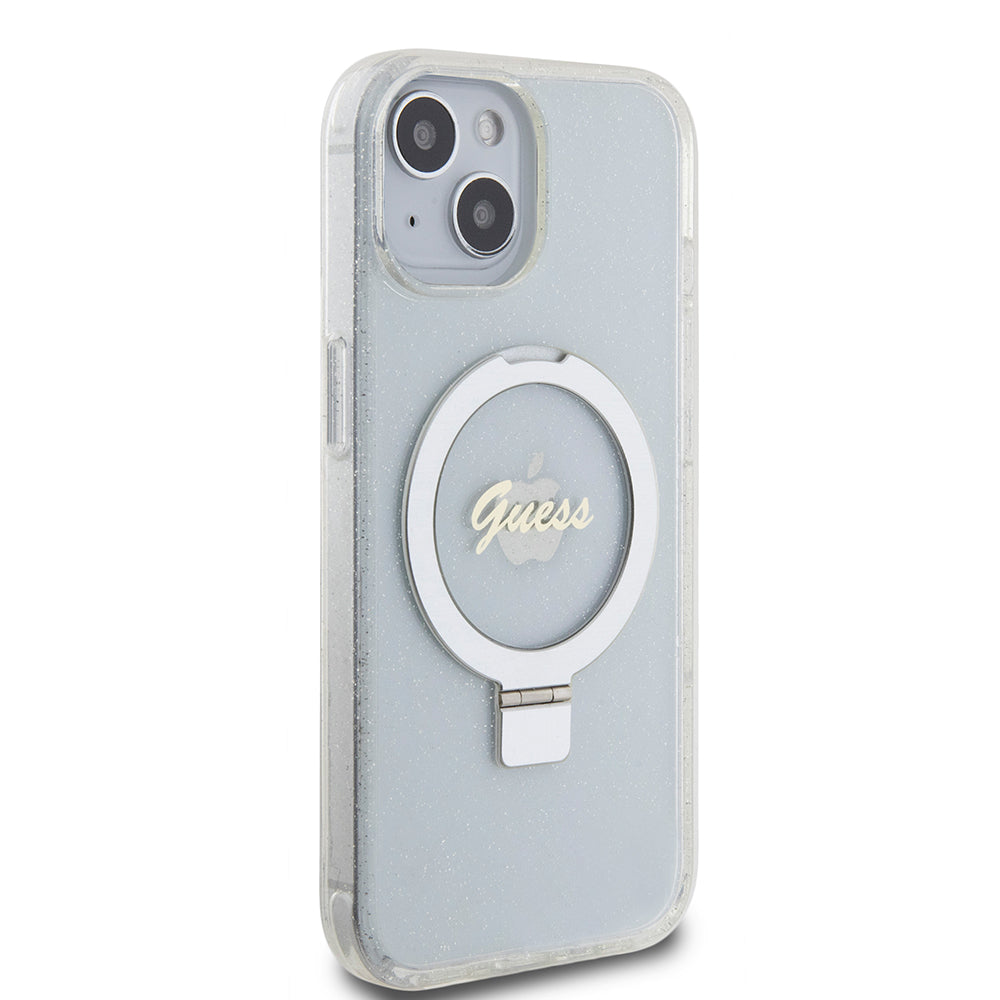 Калъф MagSafe за Apple iPhone 15, Guess, Ring Stand Script Glitter, Прозрачен