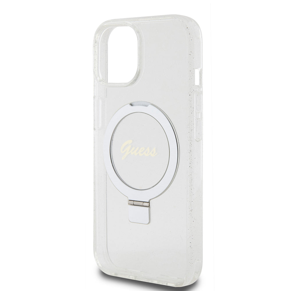 Калъф MagSafe за Apple iPhone 15, Guess, Ring Stand Script Glitter, Прозрачен