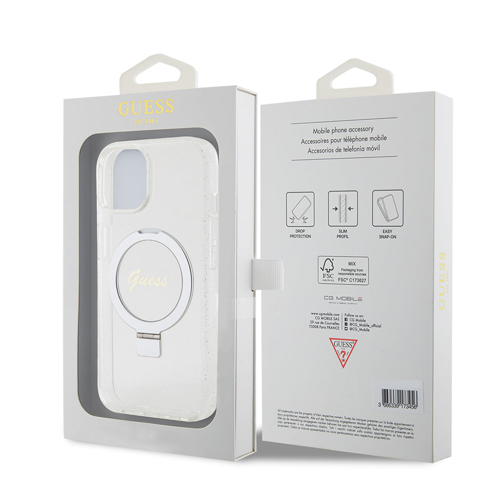 Калъф MagSafe за Apple iPhone 15, Guess, Ring Stand Script Glitter, Прозрачен