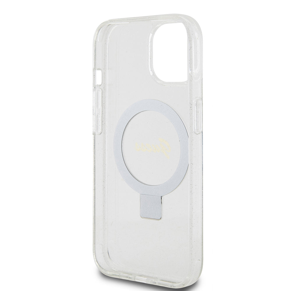 Калъф MagSafe за Apple iPhone 15, Guess, Ring Stand Script Glitter, Прозрачен