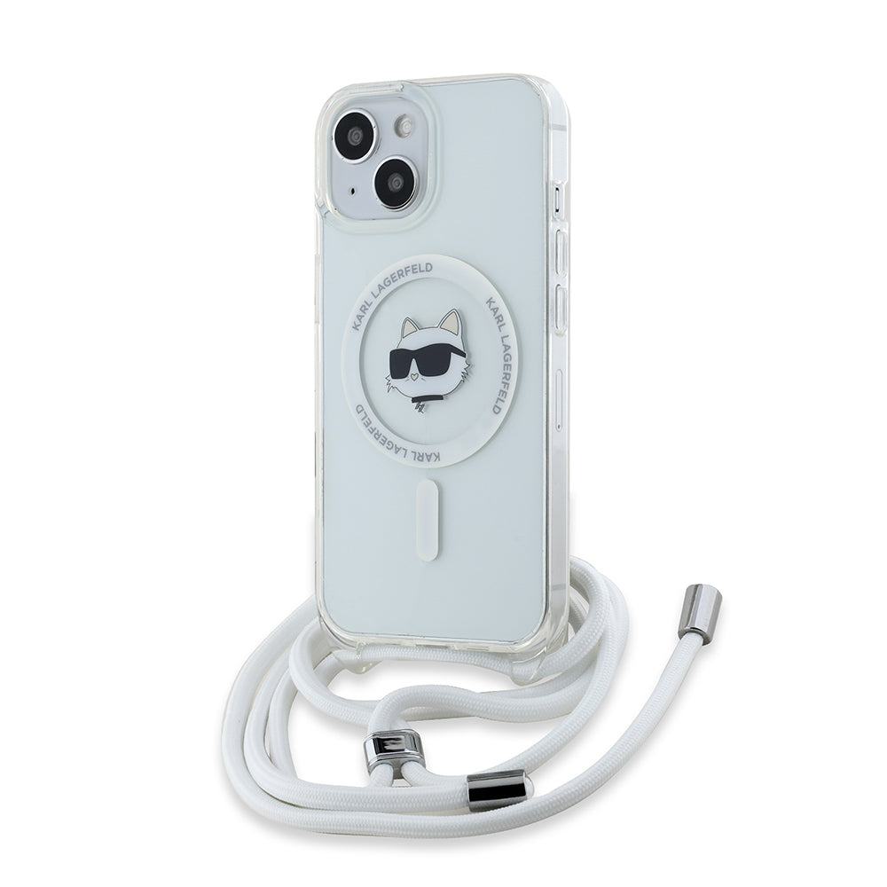 Калъф MagSafe за Apple iPhone 15, Karl Lagerfeld, IML Crossbody Choupette's Head with Strap, Прозрачен