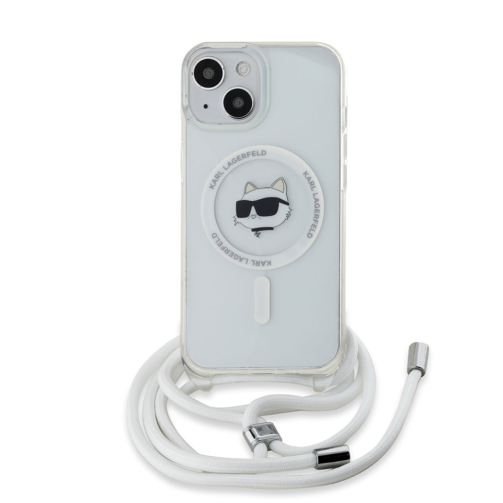 Калъф MagSafe за Apple iPhone 15, Karl Lagerfeld, IML Crossbody Choupette's Head with Strap, Прозрачен