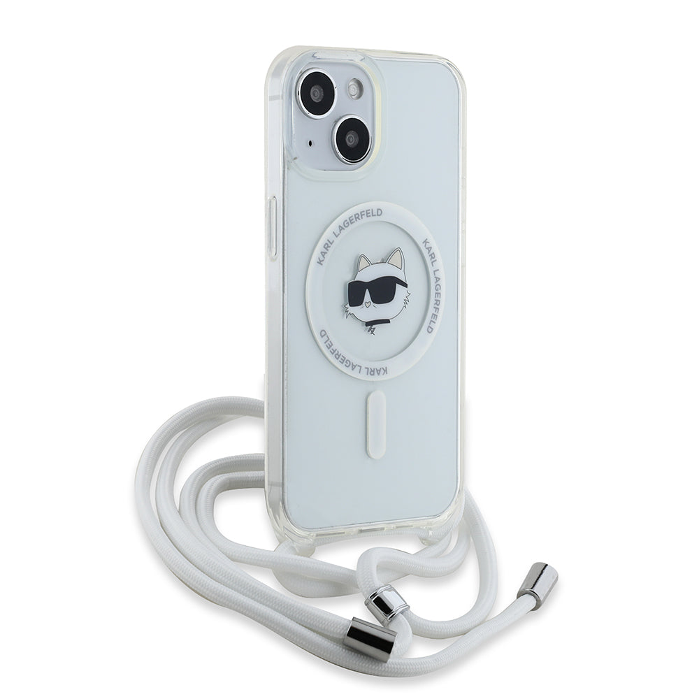 Калъф MagSafe за Apple iPhone 15, Karl Lagerfeld, IML Crossbody Choupette's Head with Strap, Прозрачен