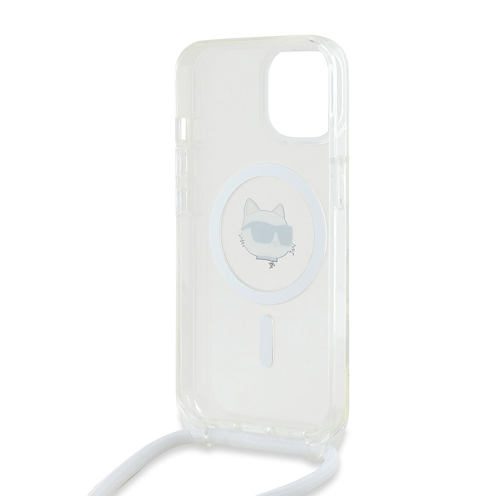 Калъф MagSafe за Apple iPhone 15, Karl Lagerfeld, IML Crossbody Choupette's Head with Strap, Прозрачен