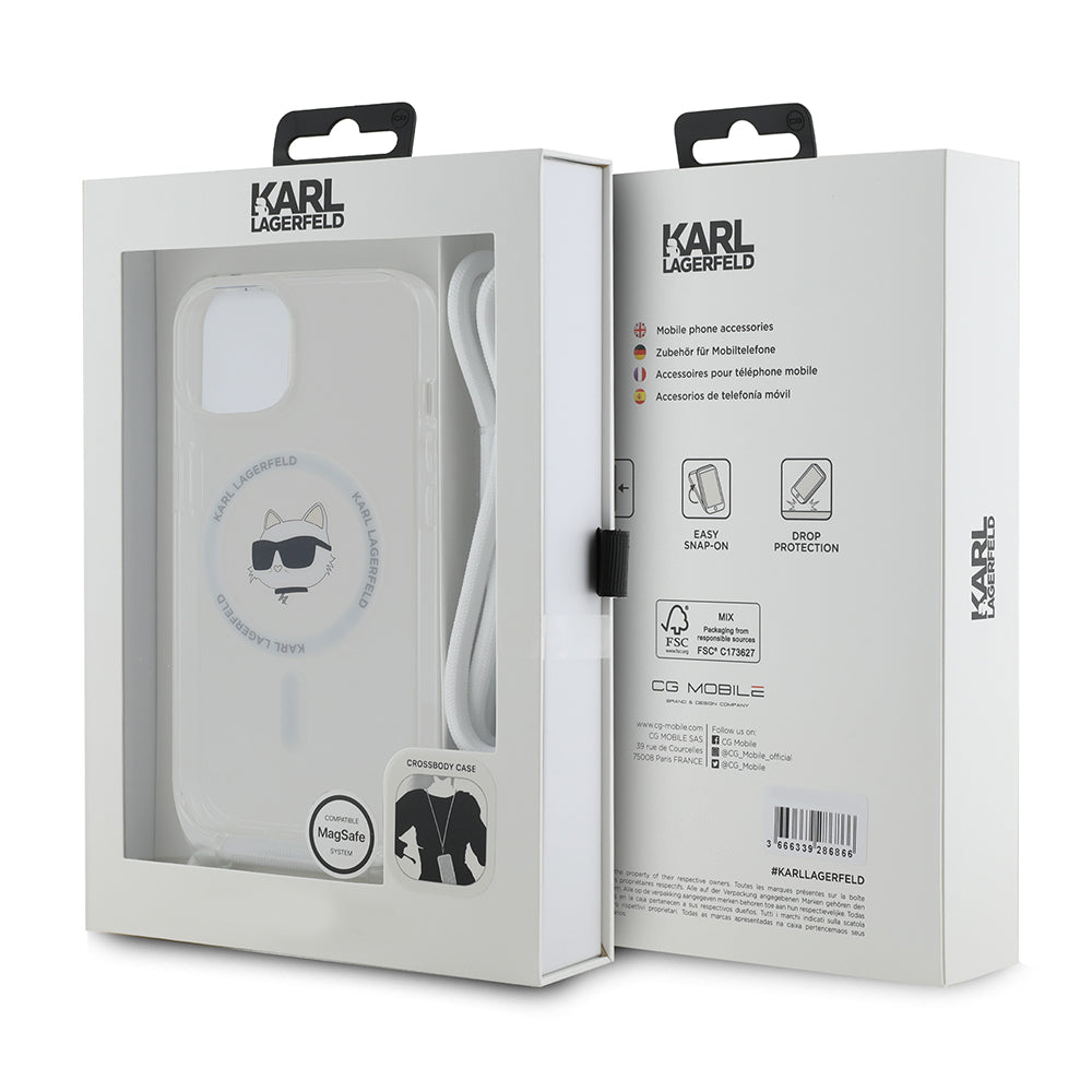 Калъф MagSafe за Apple iPhone 15, Karl Lagerfeld, IML Crossbody Choupette's Head with Strap, Прозрачен