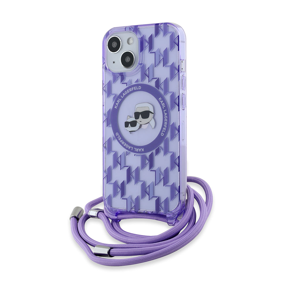 Калъф MagSafe за Apple iPhone 15, Karl Lagerfeld, IML Crossbody Monogram Karl & Choupette's Heads, Лилав