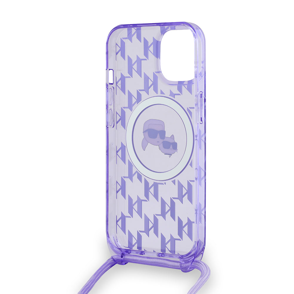 Калъф MagSafe за Apple iPhone 15, Karl Lagerfeld, IML Crossbody Monogram Karl & Choupette's Heads, Лилав
