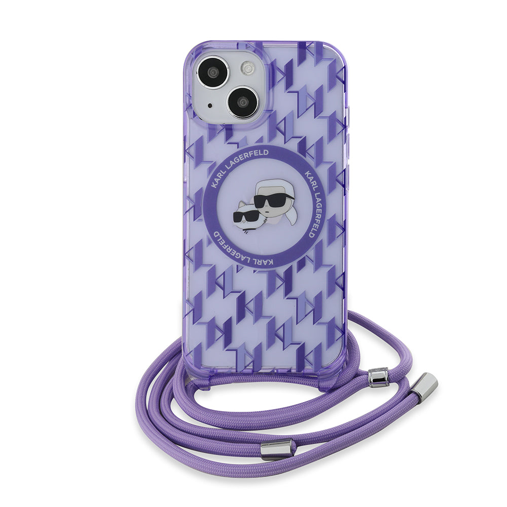 Калъф MagSafe за Apple iPhone 15, Karl Lagerfeld, IML Crossbody Monogram Karl & Choupette's Heads, Лилав