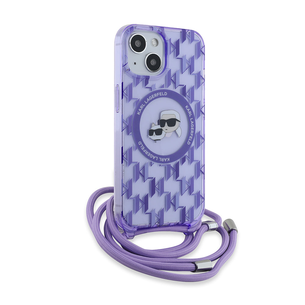 Калъф MagSafe за Apple iPhone 15, Karl Lagerfeld, IML Crossbody Monogram Karl & Choupette's Heads, Лилав