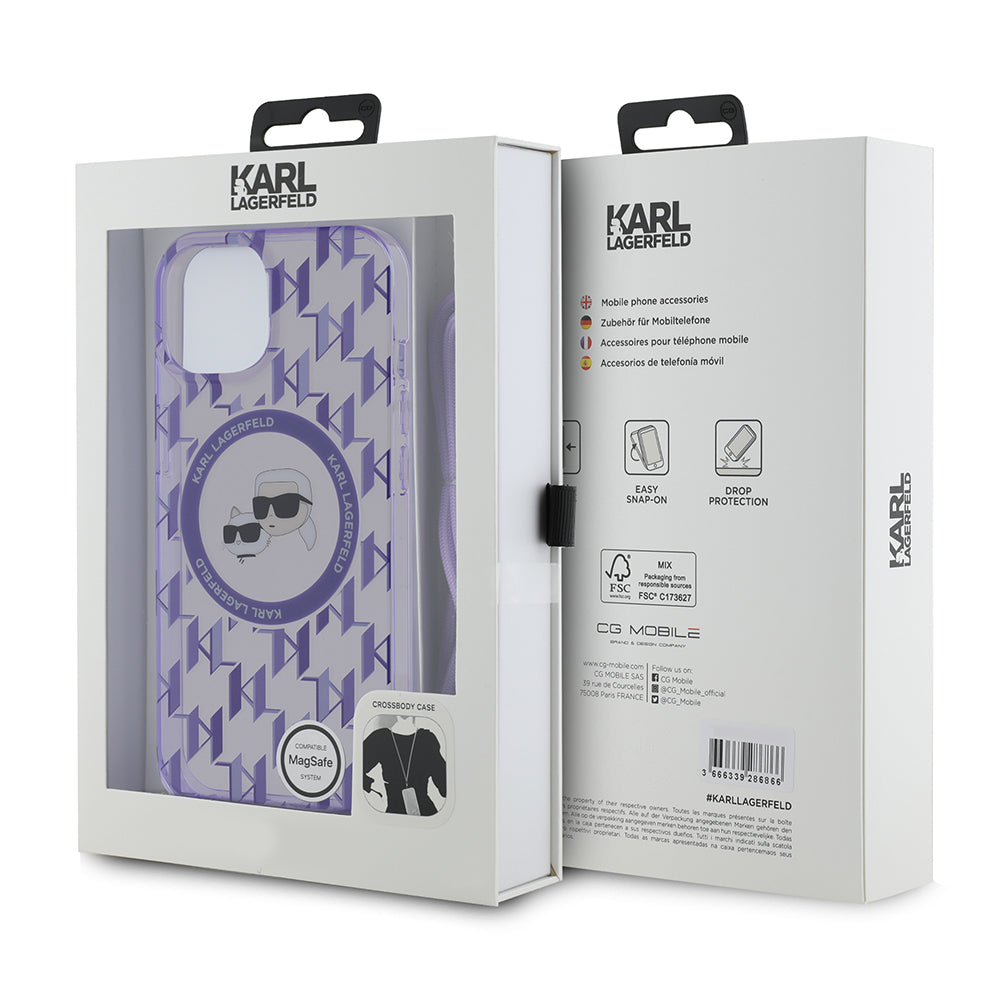 Калъф MagSafe за Apple iPhone 15, Karl Lagerfeld, IML Crossbody Monogram Karl & Choupette's Heads, Лилав